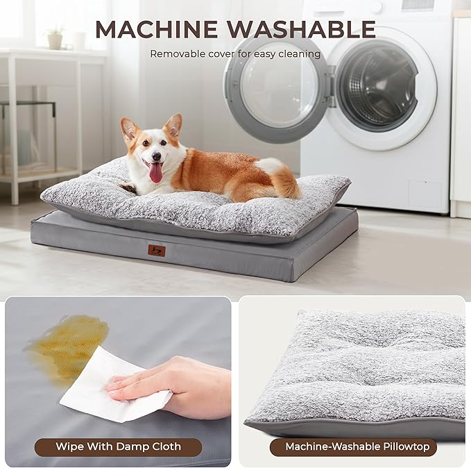 Warmrest 2-Pack Waterproof Dog Bed Medium Size Dogs, Plush Cushion & Orthopedic Egg-Crate Foam Mattress for Senior Dogs, Washable Dog Crate Bed with Removable Cover, Light Grey