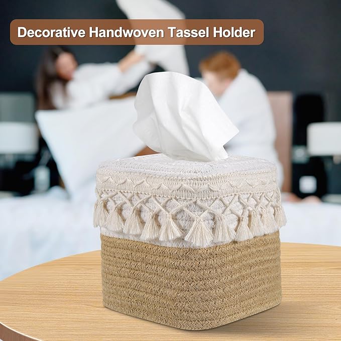 Natural Boho Tissue Box Cover: Handwoven Square Holder with Tassel for Bathroom, Table & Kitchen – Open-Bottom Design Decorative Cover for Home, Office & Farmhouse Decor