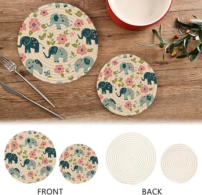 Retro Elephant Flowers Beige Trivets for Hot Dishes Pots and Pans Potholders Woven Trivet Cotton Round Large Pot Holder Decor Heat Resistant Hot Pads Mat for Table Counter Cooking Potholder Set
