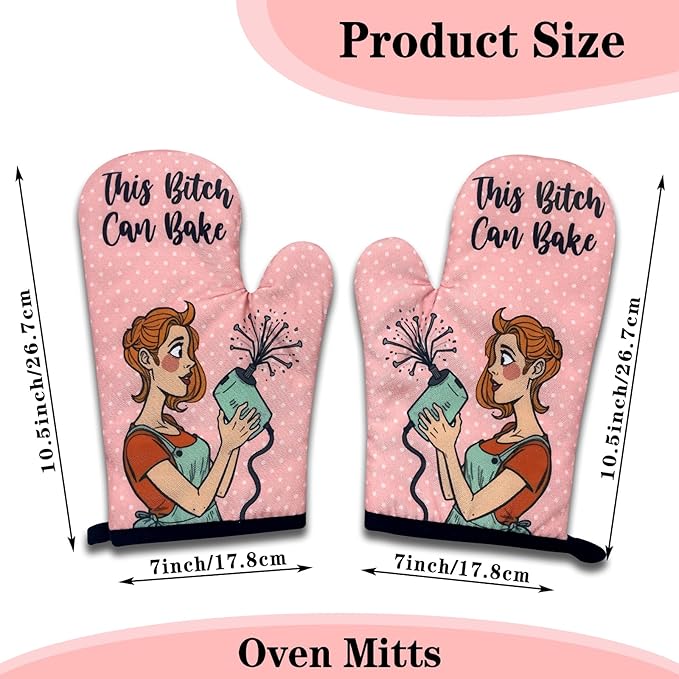 2 Pack Funny Baking Oven Mitts, This Bitch Can Bake, Retro Housewife Heat Resistant Mitts, Humorous Baking Gifts for Mom Wife, Sweet Housewarming Gifts for Women Hostess Sister Bake Lover