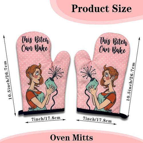 2 Pack Funny Baking Oven Mitts, This Bitch Can Bake, Retro Housewife Heat Resistant Mitts, Humorous Baking Gifts for Mom Wife, Sweet Housewarming Gifts for Women Hostess Sister Bake Lover