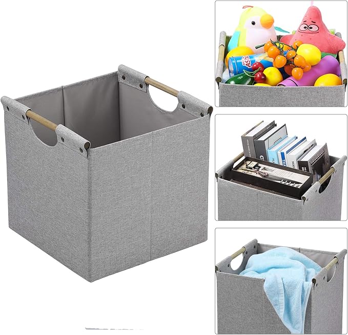 HOONEX Collapsible Storage Bins, 12x12x12in Storage Cubes Linen Fabric, 3 Pack, Storage Baskets with Wooden Carry Handles and Sturdy Heavy Cardboard, for Home, Office, Car, Nursery, Light Grey