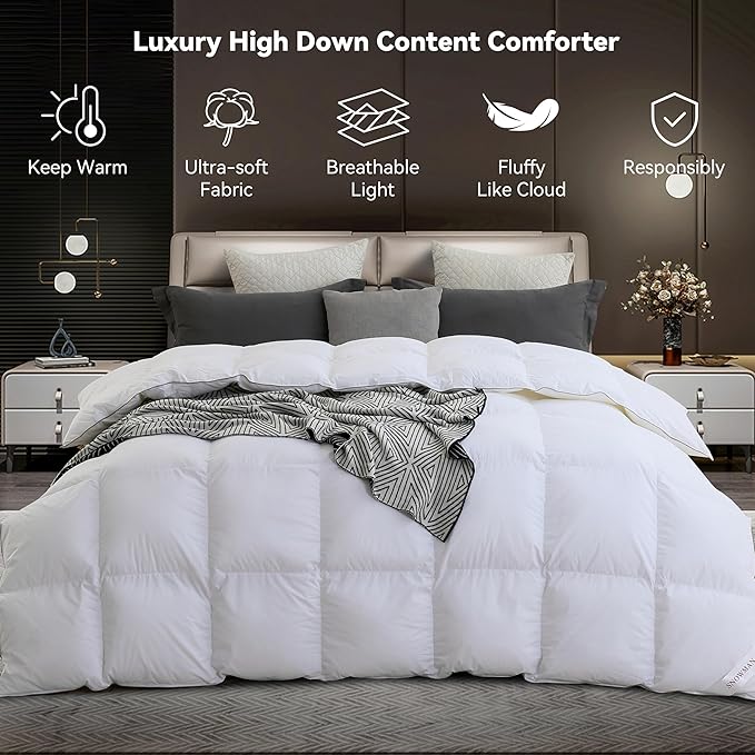 SNOWMAN Premium Down Comforter King Size, Luxurious All Season Duvet Insert with Cotton Blended Fabric, 3D Baffle Box Design Hotel Bedding Comforter (White,106"x90")