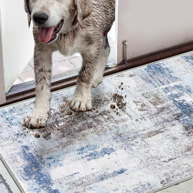 COMSLE Door Mat, Front Door Mat Indoor for Entrance Faux Wool Absorbent Non Slip Modern Throw Rug for Entryway Bedroom Muddy Paws - Pet Friendly, 47x71 Inches, Sierra Blue Machine Washable