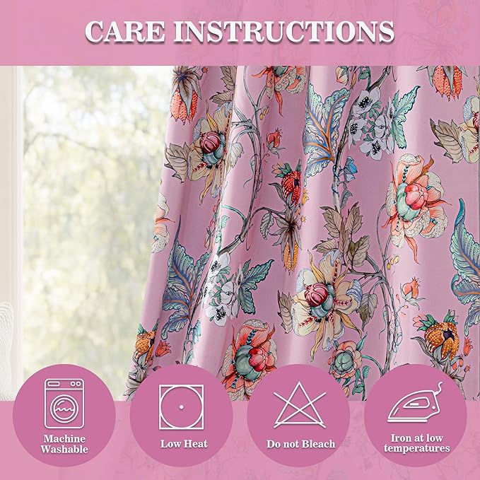 MYSKY HOME Floral Blackout Curtains 63 Inch Long Bedroom Black Out Thermal Insulated Privacy Protect Curtain Flower Patterned Fancy Cottage Core Grommet Drapes for Girls Room Nursery, Pack-2, Pink