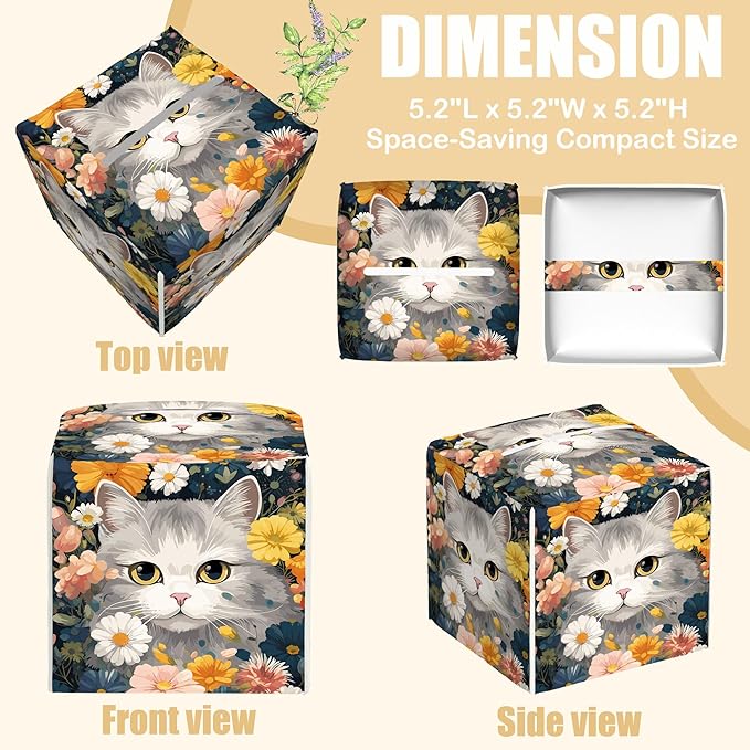 BLYKVGHQ Square Tissue Box Cover Cute Cat with Colorful Flowers Tissue Box Holder Facial Cube Paper Dispenser Leather Decorative Organizer Home Office Desk Decor, 5.2"x5.2"x5.2"
