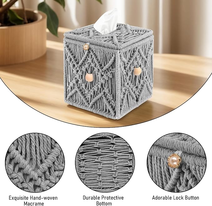 KaloKalo Handmade Tissue Box Cover Decorative Macrame Boho Square Tissue Holder Cotton Rope Woven Napkin Facial Paper Organizer Bohemian Desk Storage Container with Buckle Wood Beads (Grey)