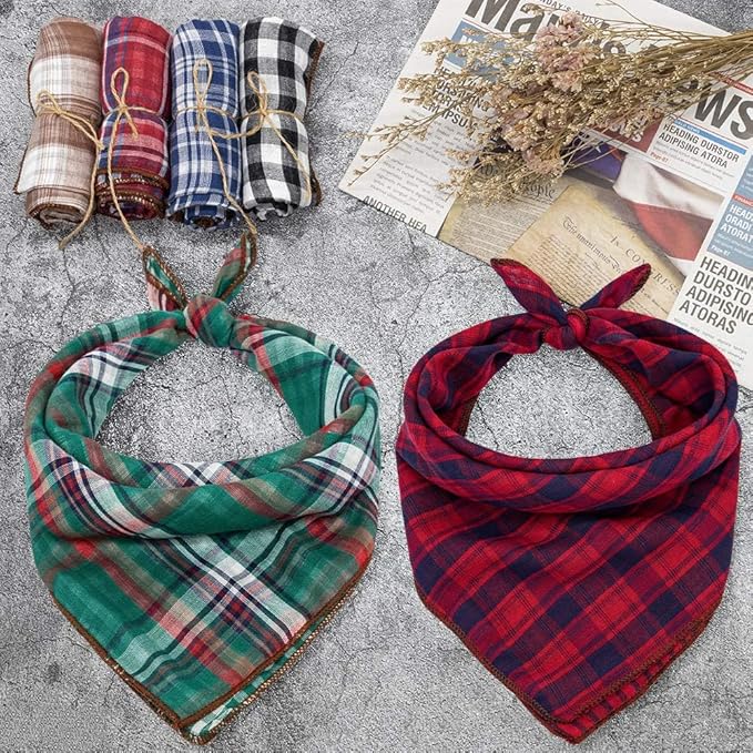 Remifa Dog Bandanas - 6PCS Birthday Gift Washable Green Black Blue Red Square Plaid Printing Christmas Dog Bib Double Reversible Kerchief Scarf Adjustable Accessories for Small to Large Dog Puppy Cat