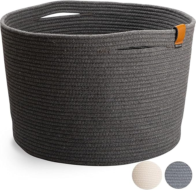DENJA & CO Extra Large Blanket Basket for Living Room - Decorative Woven Baskets for Storage | Cotton Rope Large Baskets for Blankets, Pillows, Toys, or Laundry | Charcoal Gray (21" x 13.8")