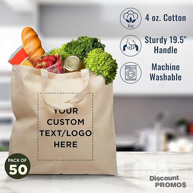 DISCOUNT PROMOS Custom Cotton Tote Bags (Set of 50) - Personalized, Reusable & Eco-Friendly - Perfect for Grocery, Promotions, Branding - Natural Color, 14.5"X16.75", 4 OZ Cotton