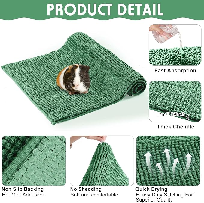 Amylove 4 Pcs Guinea Pig Cage Liner Guinea Pig Bedding Dog Door Mat for Muddy Pet Paws Washable Chenille Pee Pads Small Animal Sleeping Bed for Bunny Hamster(16 x 24 Inch,Rectangular,Dark Green)
