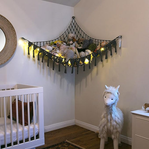 Abby Baby Extra Large Stuffed Animal Storage Hammock Corner with LED Lights – 25LB Capacity Hanging Toy Net for Small or Large Plushies, Boho Macrame Squishmallow, Plush Net, Gray