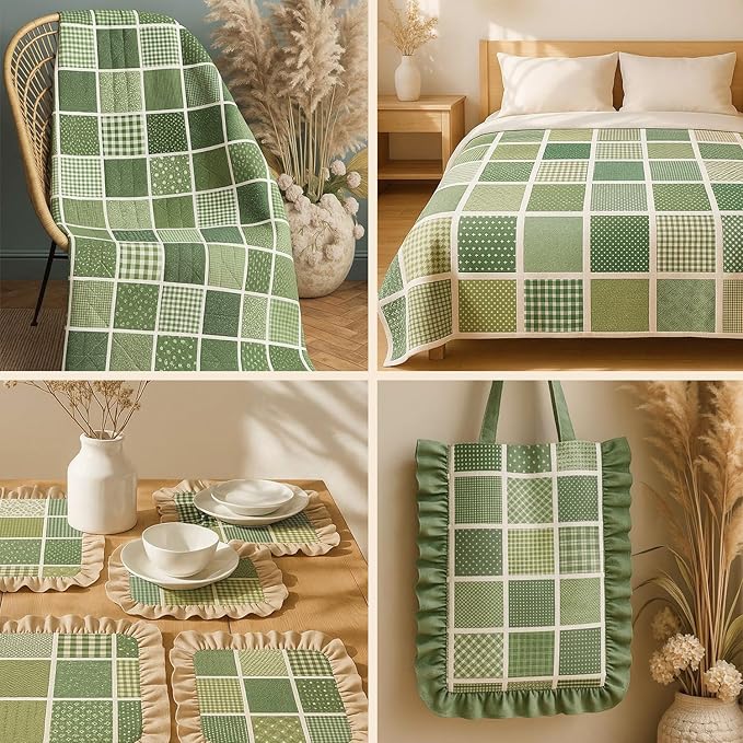 Cotton Satin Patchwork Fabric Panel – 35 Designs, 20×20 cm Squares, Single Piece 150×110 cm, Green Patchwork Quilt Fabric (Olive Garden Patchwork Set, 35pcs 8x8 inch)