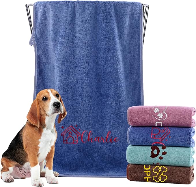 xrlsg Personalized Dog Towel Custom Towel for Dog Bath Supplies with Embroidered Pattern Name Super Absorbent Towels for Pet Bath 20 in x 40 in Blue