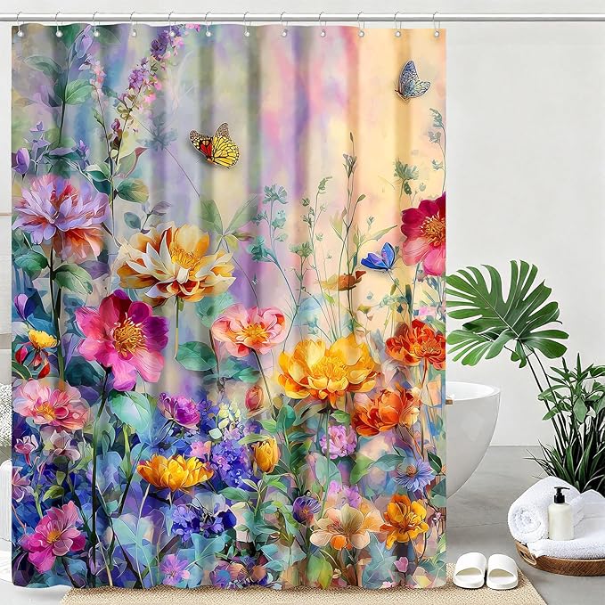 mutakin Wildflower Shower Curtain Colorful Flower Butterfly Shower Curtains for Bathroom Waterproof Fabric Bath Curtain Decor with Hooks