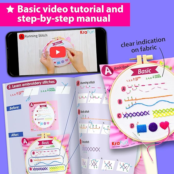 KRAFUN Beginner Embroidery Kit for Kids & Adults - Learn to Stitch Starter Set with 7 Pre-Printed Patterns & Tote Bag - DIY Hand Sewing Practice Project with Hoop, Tool Box & Instructions