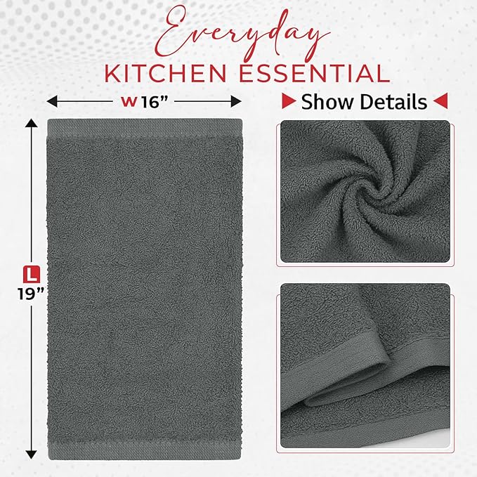 RIVERSIDE Bar Mop Towels Pack of 12, 16x19 Inches, 100% Ring Spun Cotton Terry Cloth Kitchen Towel, Highly Absorbent & Reusable Multipurpose Cleaning Rags for Bathroom, Hotel, Restaurant, Gray