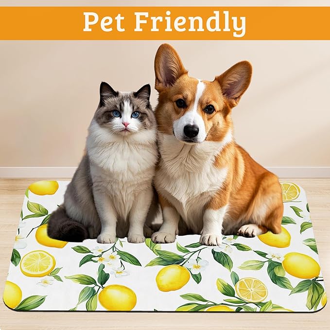 Lemon Feeding Mat,Green Leaves Absorbent Quick-Dry Cat Dog Food and Water Bowl Mats,Non-Slip Rubber Backing Mat,Cat Dog Accessories Supplies 12" x 20"