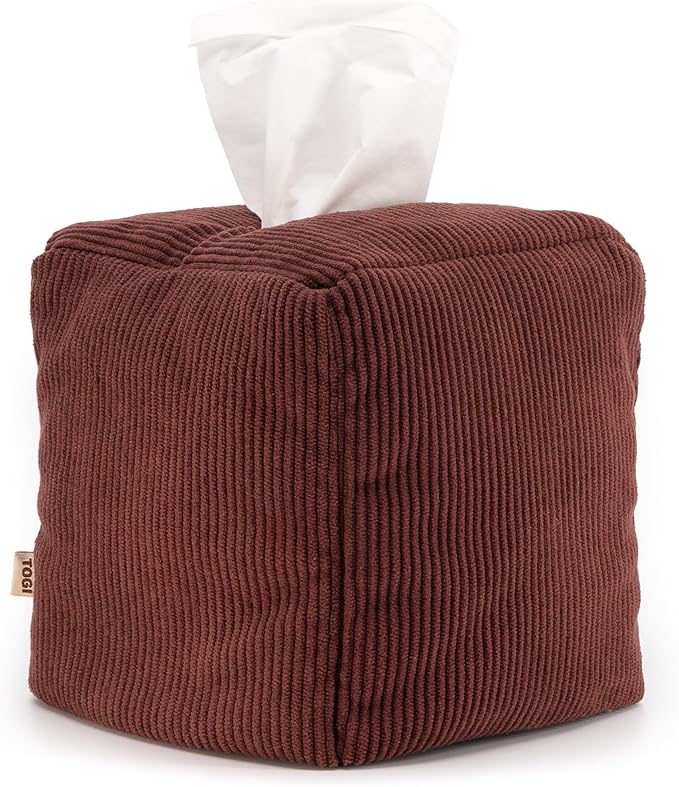 TOGI Corduroy Tissue Box Cover - Soft & Puffy Cube Design Adds a Warm, Cozy Touch - Soft Tissue Box Cover Square Fits Standard Square Boxes from Everyday Brands - Cozy Home & Office Decor - (Brown)