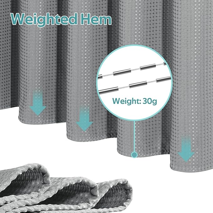 Vipfree 3 in 1 Shower Curtain Set, Waffle Shower Curtain and Liner Set with 12 Double Sided Shower Curtain Hooks, 258GSM Luxury Weighted Cloth Shower Curtains for Bathroom, 72 W x 84 H, Grey