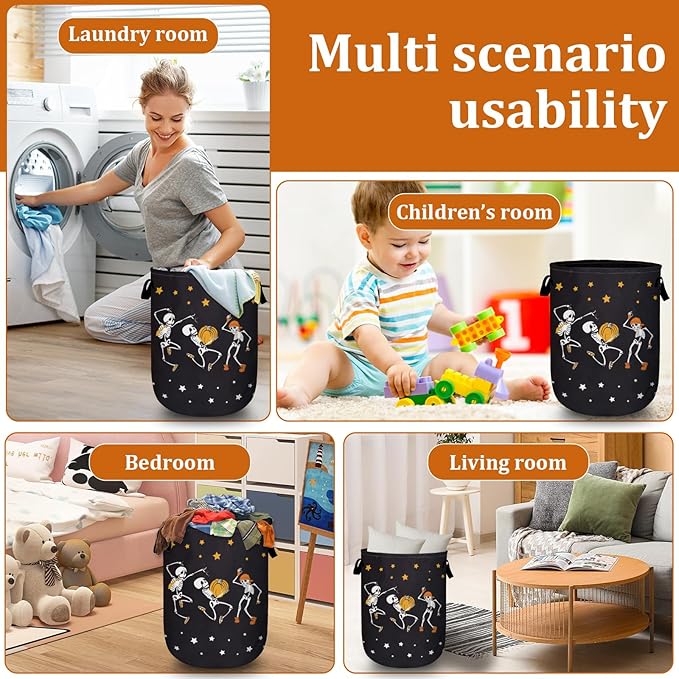 Dancing Skull Laundry Basket with Sturdy Handles, Halloween Funny Collapsible Oxford Cloth Laundry Hamper Organizer Basket for Bathroom Bedroom 15.7x20 Inch