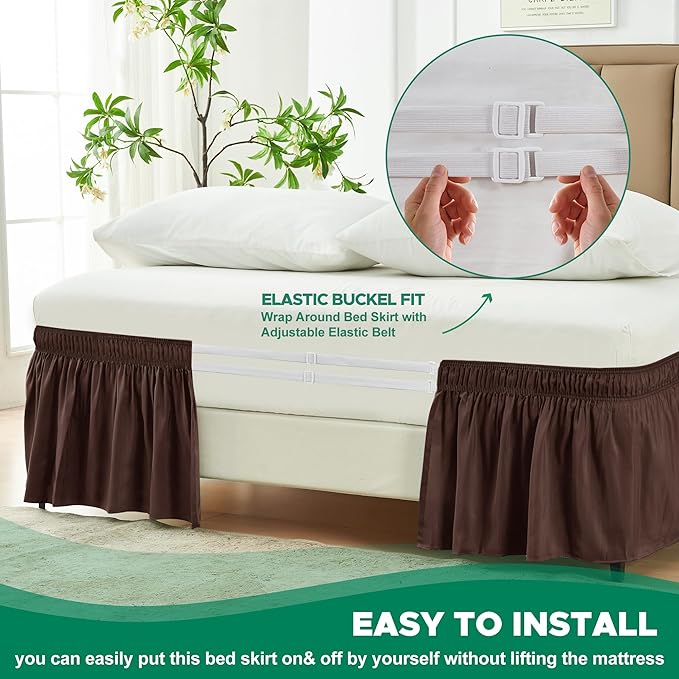 Biscaynebay Wrap Around Bed Skirts for Twin & Twin XL Beds 15" Drop, Brown Adjustable Elastic Dust Ruffles Easy Fit Wrinkle & Fade Resistant Silky Luxurious Fabric Machine Washable