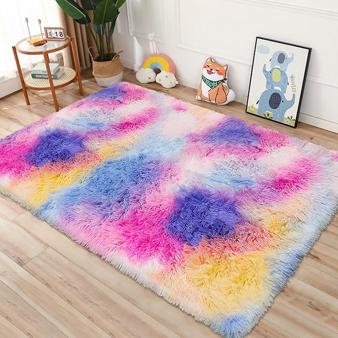 Rainbow Area Rugs 4x6 ft,Tie-Dyed Unicorn Fluffy Fuzzy Shaggy Carpet Soft Plush Furry Rug,for Bedroom Living Room Indoor Floor Rug Kids Girls Boys Home Decor Aesthetic, Dorm Nursery