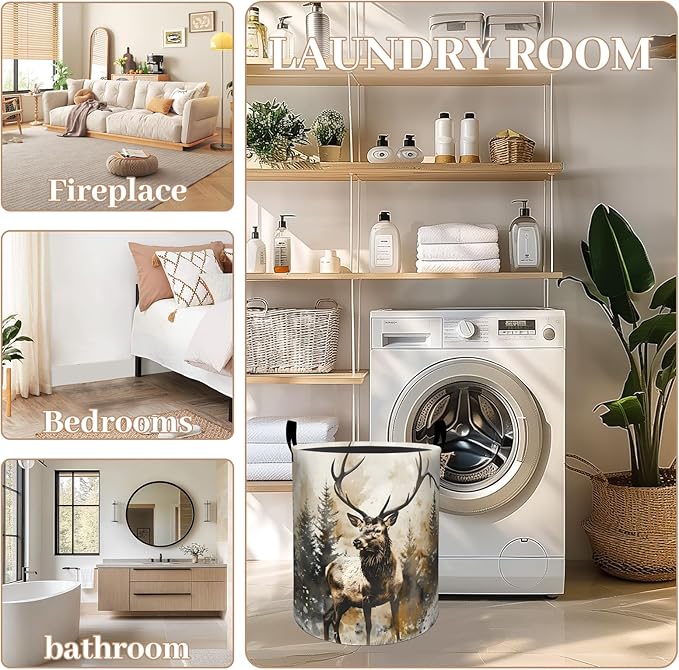 ainori Deer Laundry Basket, Oxford Cloth Realistic Watercolor Dirty Clothes Collapsible Hamper for Room Decor, Forest Wildlife Print Gifts Toy Organizer 19.7 * 15.8 Inch for Bedroom Bathroom Dorm