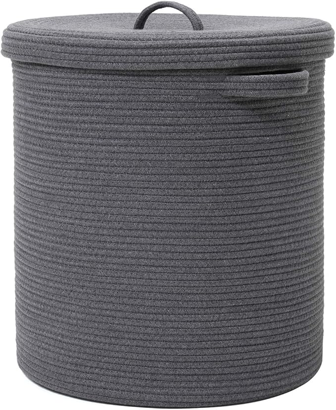 Cottonphant 16" x 16" x 18" Extra Large Storage Basket with Lid, Cotton Rope Storage Baskets, Laundry Hamper, Cloth Bin, for Clothes Towels Blankets Pillows Storage in Living Room, All Dark Grey