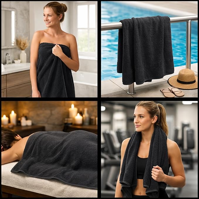RIVERSIDE Pack of 8 Towels Set, 2 Large Bath, 2 Hand, 4 Face Washcloths, 100% Cotton Hotel Quality, Super Soft, Quick Dry, Highly Absorbent Perfect for Bathroom, Black