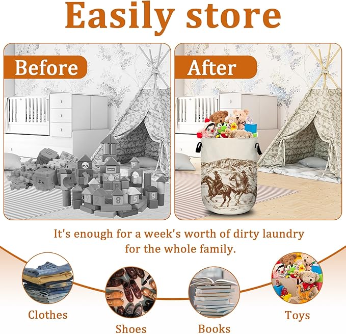 Western Desert Cowboy Laundry Basket with Sturdy Handles, Hand Drawn Collapsible Oxford Cloth Laundry Hamper Organizer Basket for Bathroom Bedroom 15.7x20 Inch