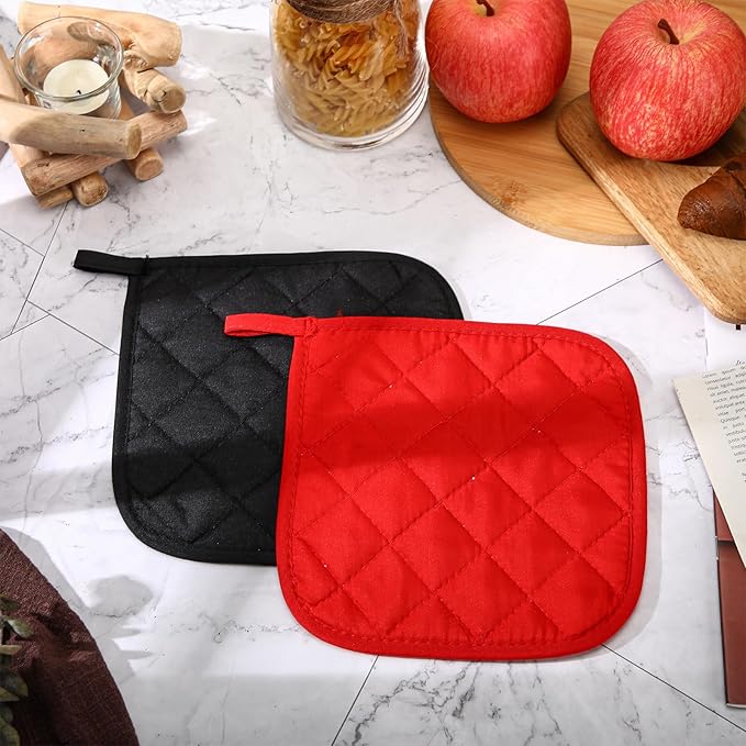 Uiifan 30 Pieces Cotton Pot Holders for Kitchen Washable Heat Resistant Potholders Oven Hot Pads for Cooking and Baking, 7.87 x 7.87 x 0.2 Inch(Black, Red)
