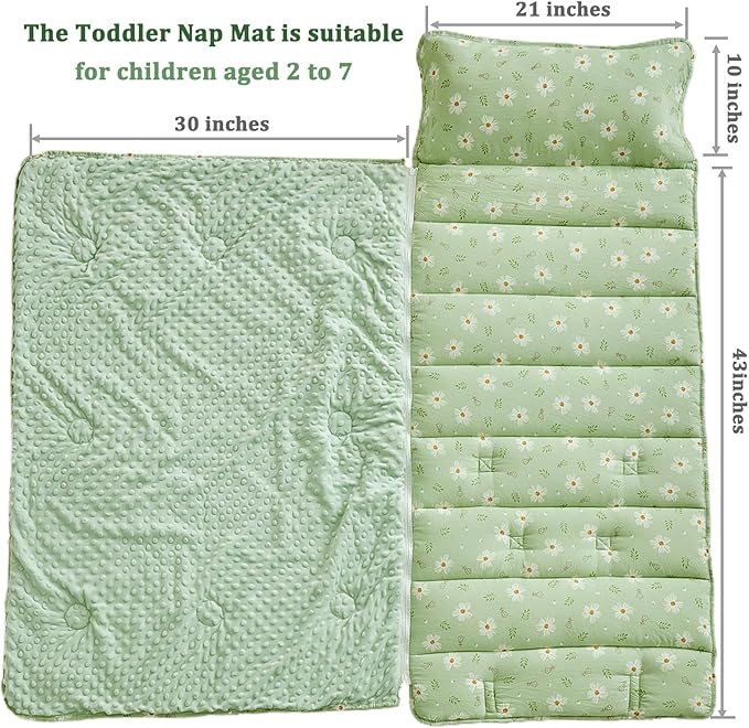 Floral Toddler Nap Mat with Zipper,Detachable Minky Blanket and Removable Pillow,Soft Slumber Bags for Girls,Kids Sleeping Bag for Daycare Preschool Kindergarten,Flower Toddler Sleeping Mat - Green