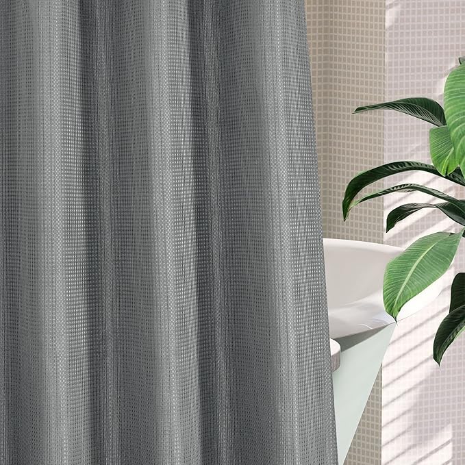 MitoVilla Black Waffle Long Shower Curtain Liner Set 72 x 80, No Hooks Needed 80 inch Long Heavyweight Fabric Shower Curtain Set with Snap-in Liner for Hotel Grade Spa-Like Bathroom Decor