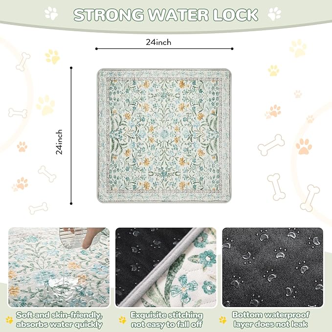 Lahome Washable Reusable Pee Pads for Dogs - Beige Botanical Floral 2 Pack Puppy Pads, Super Absorbent & Waterproof Training Mats for Crate & Floor - Leakproof with Non-Slip Backing (24"x24")