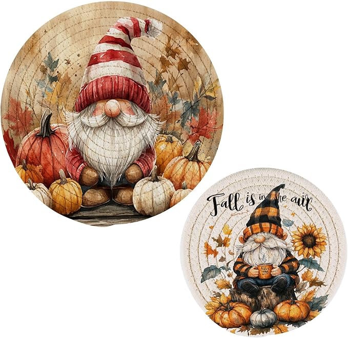 Autumn Gnome Trivet Mat 2PCS Fall Leaves Pumpkin Round Woven Potholders Kitchen Table Countertop Protector Hot Pads Farmho