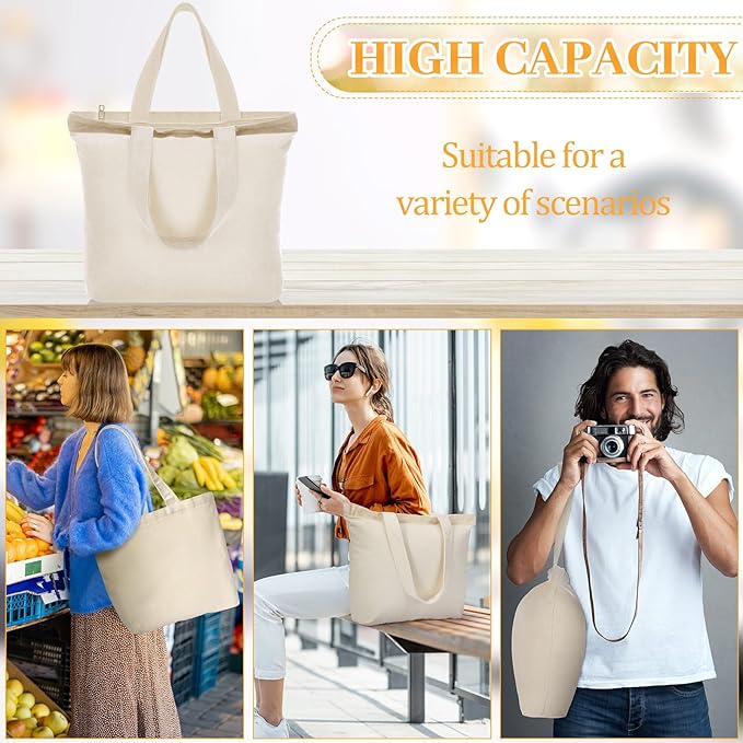 Silkfly 20 Pcs Canvas Tote Bags Bulk 16.5x13.4'' Blank Cotton Canvas Bag with Zipper Handles Reusable Plain Grocery Makeup Handbag for DIY (Beige)