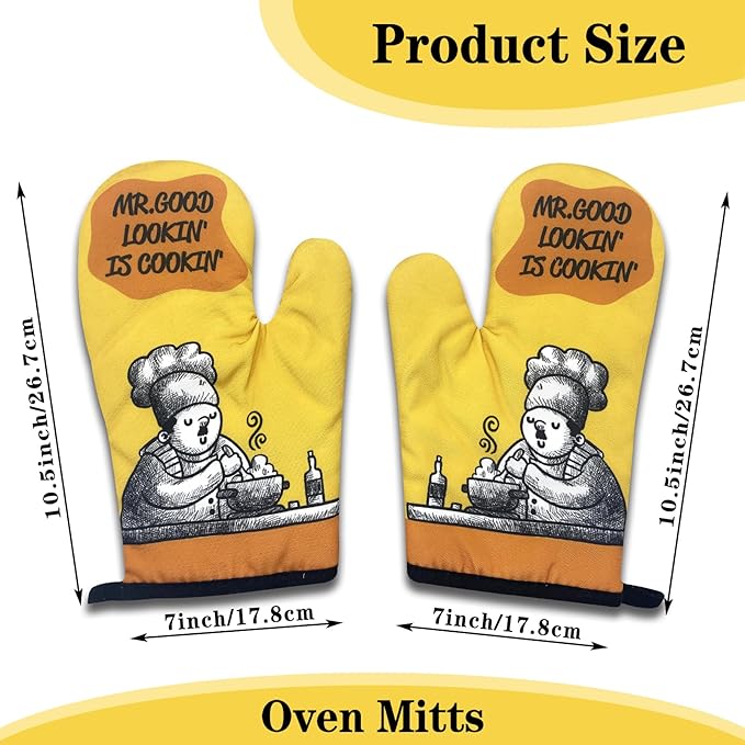 2 Pack Funny Oven Mitts for Men, Mr Good Lookin' is Cookin', Heat Resistant Silicone Non-Slip Mitts, Christmas Birthday Gifts for Dad Husband, Humor Grilling Cooking Gifts for Chef Friend