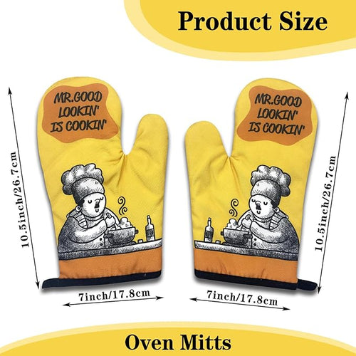 2 Pack Funny Oven Mitts for Men, Mr Good Lookin' is Cookin', Heat Resistant Silicone Non-Slip Mitts, Christmas Birthday Gifts for Dad Husband, Humor Grilling Cooking Gifts for Chef Friend