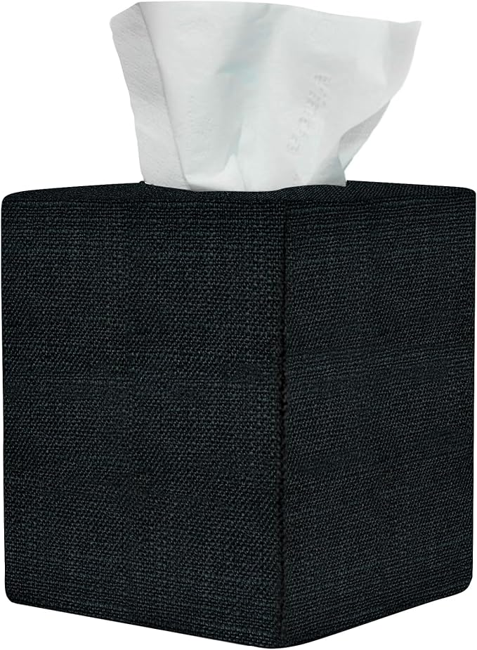 Black Tissue Box Cover, Cute Linen Fabric Decorative Square Tissue Box Holder/Organizer for Bathroom Vanity Countertop/Office/Nightstand/Desk