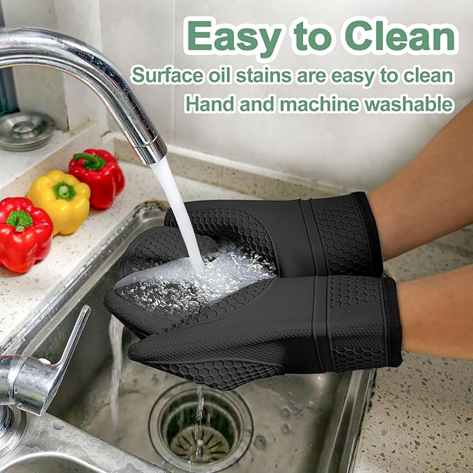 Silicone Oven Mitts Heat Resistant to 500ºF Kitchen Gloves Oven Gloves Silicone Oven Mitt Pair Oven Mitts Set Thickened Waterproof Mittens for Women Men Kitchen Home, 1 Pair (Black)