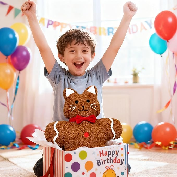 VigorSpring Gingerbread Cat Plush Pillows - Soft Teddy Fleece Stuffed Cushion, Cute Animal Shaped Pillow for Kids Girls Women, Perfect for Sofa Bed Office Living Room Decor and Birthday Gift (Brown)