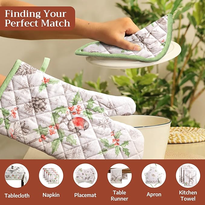 Maison d' Hermine Pot Holders 100% Cotton Heat Resistant Potholders 8" x 8" Hot Pads with Loop for Thanksgiving Christmas Decorations BBQ Cooking Baking Handling Hot Pans (Pack of 1, Christmas Dew)