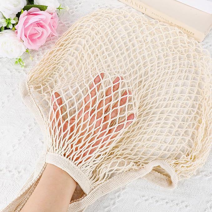 Gtziqa 2 Pack Reusable Mesh Grocery Bags, String Bags Cotton Net Tote Produce Bag Washable Long Handle Farmers Market Bag Portable Fruit and Vegetable Bags, Beige