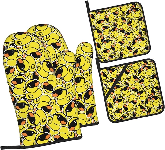 Funny Rubber Duck with Sunglasses Oven Mitts and Pot Holders 4 Pcs Set Oven Gloves and Potholders for Cooking Microwave BBQ Baking Grilling