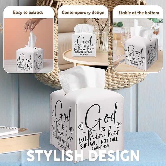 Christian Decorative Tissue Box Cover Square, Leather Tissue Box Dispenser, Inspirational Quote Gift Ideas for Bestie Friends, God is Within Her Decor for Bathroom Office-(5.2 Inches)