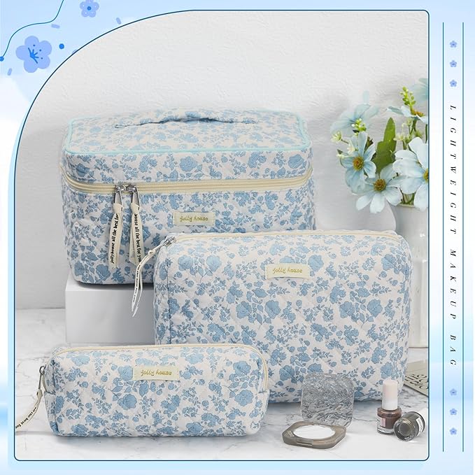 Zeyune 3 Pcs Makeup Bag Quilted Cosmetic Bags Large Floral Makeup Bag Set for Women Cotton Flower Travel Toiletry Storage Cute with Zipper for Women Mom Birthday Gift Home Bathroom(Blue Flower)