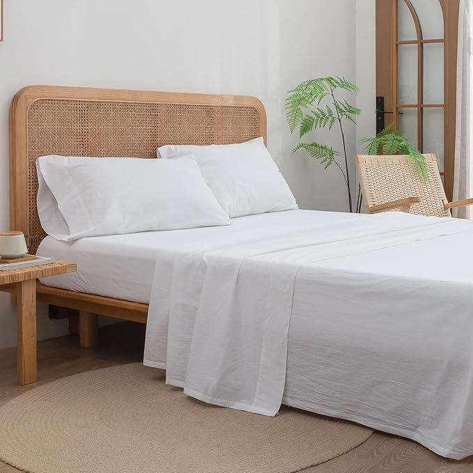 BESTOUCH Sheet Set 100% Washed Cotton Linen Feel Super Soft Comfortable Chic Lightweight 4 Pcs Home Bedding Set Solid Bright White Full