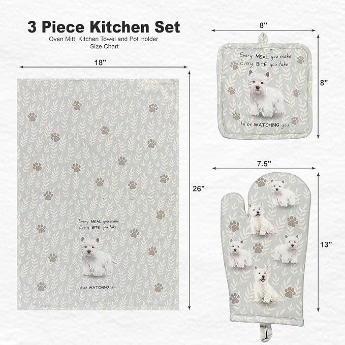 Westie 3-Piece Kitchen Set - Oven Mitt, Pot Holder & Kitchen Towel Set, Heat Resistant up to 420 F, Soft Quilted Cotton for Cooking, Baking, BBQ, Pet Lover Gifts (Westie)