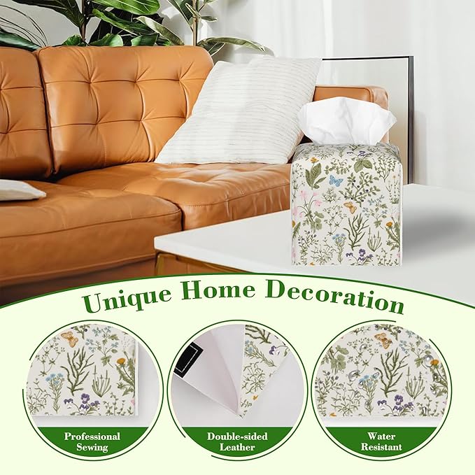Vintage Floral Butterfly Tissue Box Cover,Colorful Herbs and Wild Flowers Waterproof Leather Square Tissue Box Cover Case Facial Paper Organizer Dispenser Box Holder for Home Office Bathroom Vanity